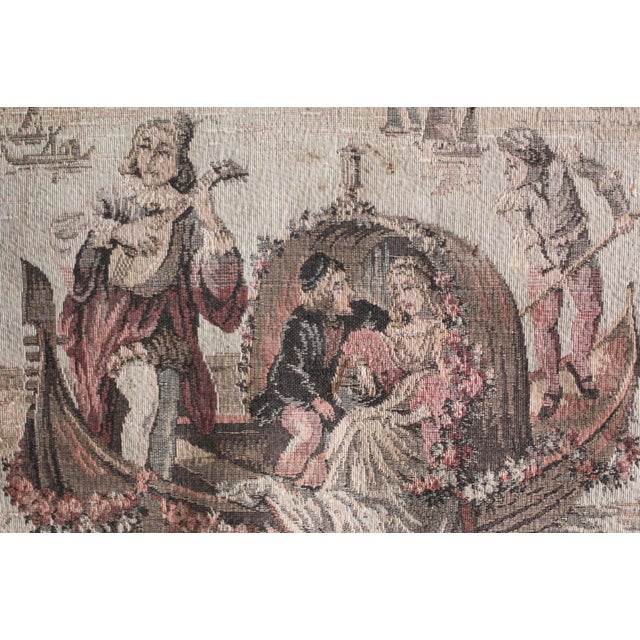Antique Belgian tapestry from the 1920s or earlier. Venice scene of lovers riding in a canal boat with a troubadour or...