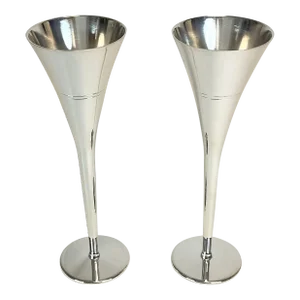 1980s Vintage Contemporary Postmodern Silver Plate Champagne Flutes - A Pair.