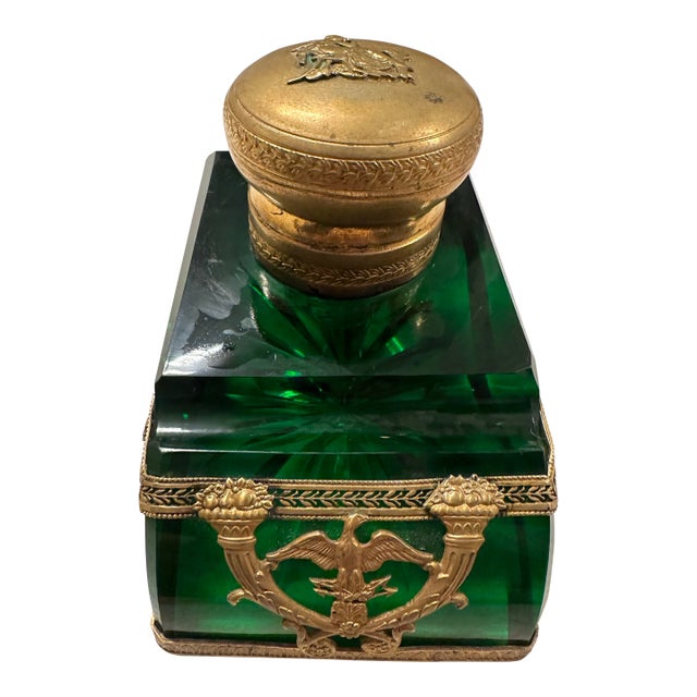 Antique French Empire Style Emerald Green Glass & Gilt Inkwell For Sale
