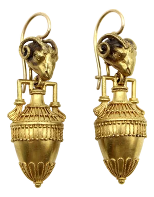 Mid 19th Century Etruscan Revival Ram’s Head and Amphora 14k Gold Cannetille Earrings- 2 Pieces