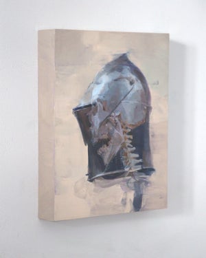 Don't Panic by Elena Burykina | Oil on panel Painting of a skull in a helmet.