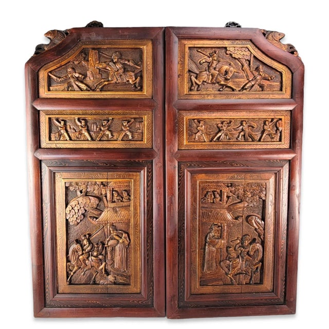Chinese Carved Door Panels Lacquer Wood Wall Panel Art 33" For Sale - Image 12 of 12
