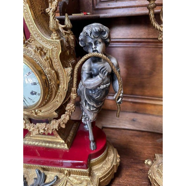 Louis XV Clock and Candelabras in Bronze and Red Marble, Set of 3 For Sale - Image 4 of 9