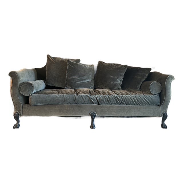 French Louis XV–Style Slate Grey Velvet Sofa For Sale