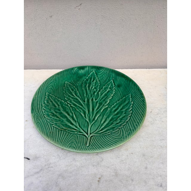 Green Majolica Leaf Plate signed Gien Primefleur Circa 1950.