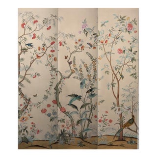 Hand-Painted Chinoiserie Garden Mural | Birds, Bamboo & Peonies | Set of 3 Panels For Sale