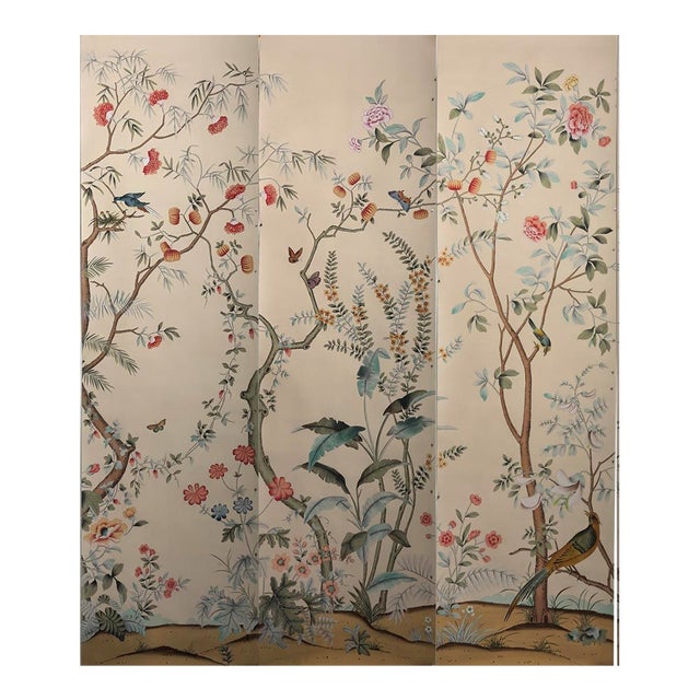 Hand-Painted Chinoiserie Garden Mural | Birds, Bamboo & Peonies | Set of 3 Panels For Sale