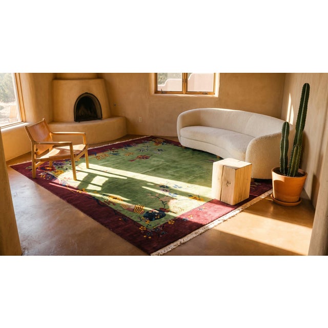 1920s Green Floral Modern Antique Chinese Art Deco Carpet 9' X 11'6" Handknotted Wool Rug For Sale - Image 10 of 10