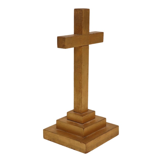 Vintage Folk Art Odd Fellows Lodge Handcarved Gold Altar Cross With Stepped Base For Sale