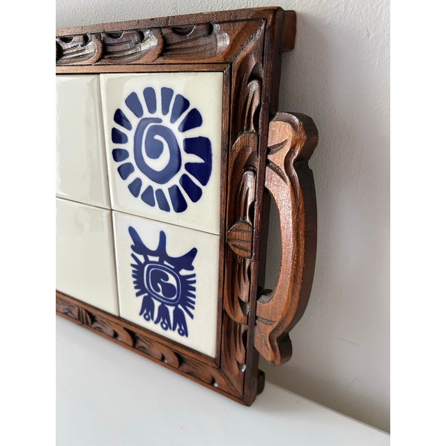Vintage serving tray features hand carved wooden tray that is inlaid with six cobalt + white 'primitive' symbols. Orion...