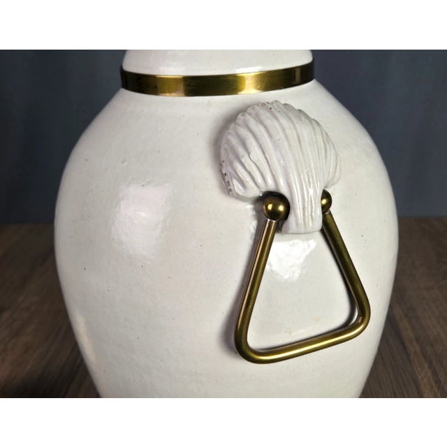 Vintage Hart & Associates Brass & White Pottery Table Lamp W Sea Shell Handles For Sale - Image 10 of 13