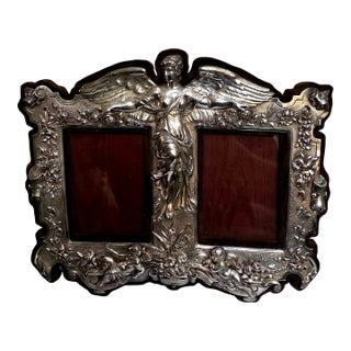 1900s Sterling Silver Double Picture Frame, Winged Angel & Cherubs. For Sale