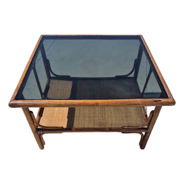 Mid-Century Italian-Style Bamboo Coffee Table With Smoked Glass Top and a Lower Rattan Shelf. For Sale
