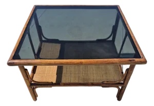 Mid-Century Italian-Style Bamboo Coffee Table With Smoked Glass Top and a Lower Rattan Shelf.