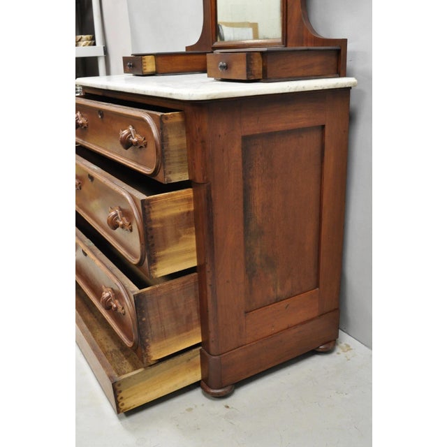 Antique Eastlake Victorian Carved Walnut Marble Top Washstand Dresser W/ Mirror For Sale - Image 11 of 18
