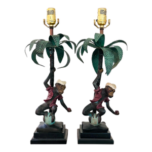 Pair Cast Metal Hand Painted Singerie, Sailor Dressed Monkey and Palm Tree Table Lamps