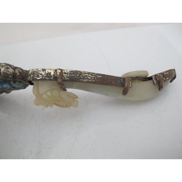 Metal Antique Chinse Silver Turquoise Enamel Animal Woodland Design Jade Handle Mirror For Sale - Image 7 of 13