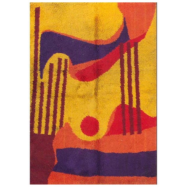 1960s Multicolor Abstract Modern Vintage Swedish Shag Pile Rya Rug 4'6''x 6'6'' Handknotted Wool Carpet For Sale - Image 9 of 11