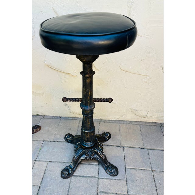1920s Early 1900s Antique Heavy Cast Iron Bar Stools Barley Twist- A Pair For Sale - Image 5 of 14