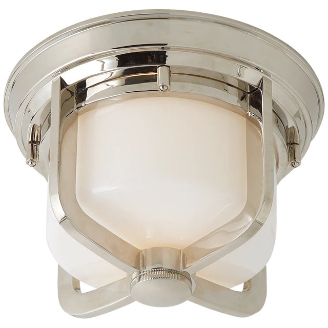 Milton Short Flush Mount in Polished Nickel with White Glass Designer: Thomas O'Brien Mounting: Flush Shade Detail: White...