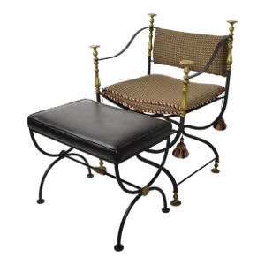 Set Mid-20th Century Italian Savonarola Wrought Iron Brass Chair Footstool Bench