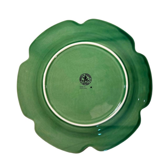 Vintage Portuguese majolica Bordallo Pinhelro green lettuce leaf chargers, six available.