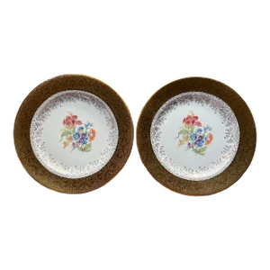 Early 20th Century Edgewood 22k Gold Gilt Botanical Porcelain Plates - a Pair