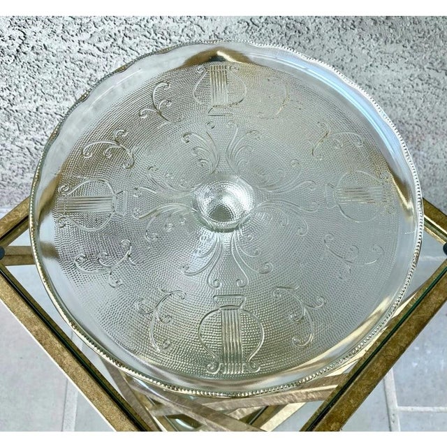 Circa 1950 Whimsical “Harp” Scalloped Gilt Edge Pedestal Cake Stand by Jeannette Glass For Sale - Image 9 of 18