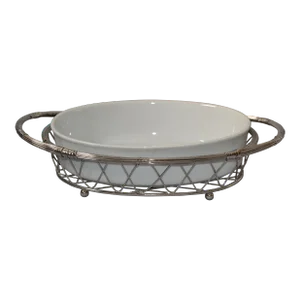 1970s Art Deco Style White Ceramic Casserole Serving Dish Silver Plate Caddy Round Ball Feet