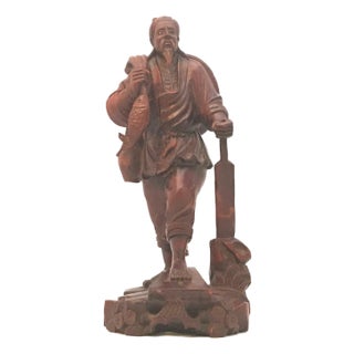 Antique Rosewood Carved Chinese Fisherman Figurine For Sale