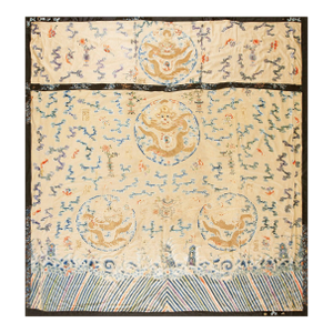 1820s Beige Medallion Dragon Antique Flat Weave Rug Silk Chinese Embroidery 9'10" X 10' Carpet