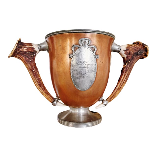 Antique Copper Poultry Trophy With Deer Antler Handles For Sale