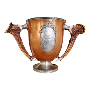Antique Copper Poultry Trophy With Deer Antler Handles