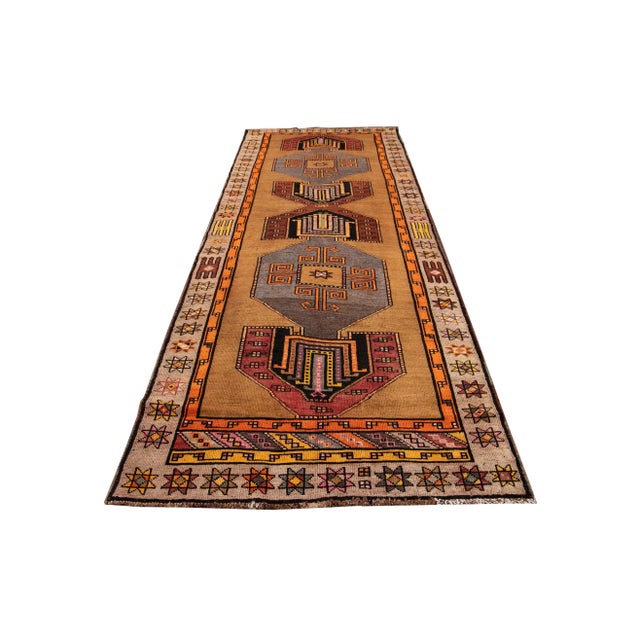 1960s Tan Vintage Azeri Handmade Tribal Motiif Wool Runner For Sale In New York - Image 6 of 8