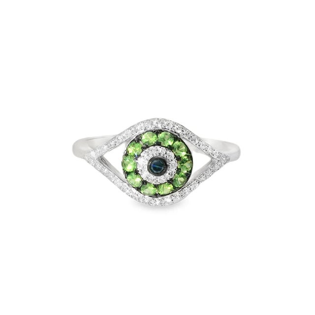 Modern Late 20th Century Size 7 14K White Gold Tsavorite Diamond Evil Eye Ring Estate by EFFY For Sale - Image 3 of 4