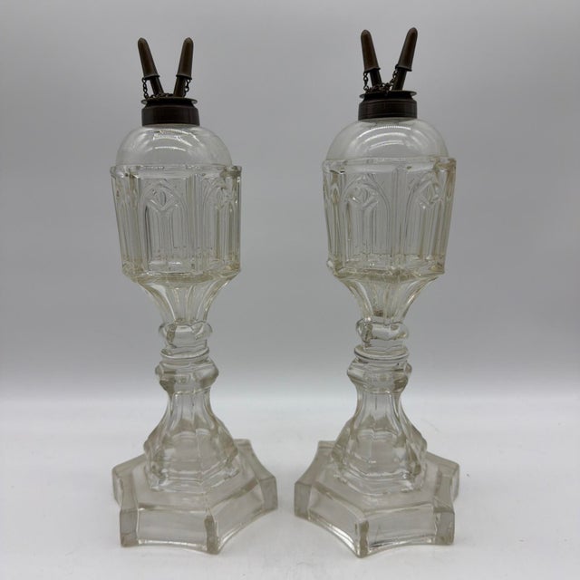 1850s Gothic Arch Pressed-Glass Oil Lamps, Attributed to Boston & Sandwich, - Pair For Sale - Image 13 of 18