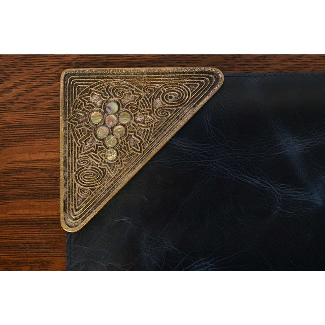 Early 20th Century Tiffany Studios New York Silvered Bronze and Abalone Blotter Corners With Leather Desk Blotter For Sale - Image 5 of 13
