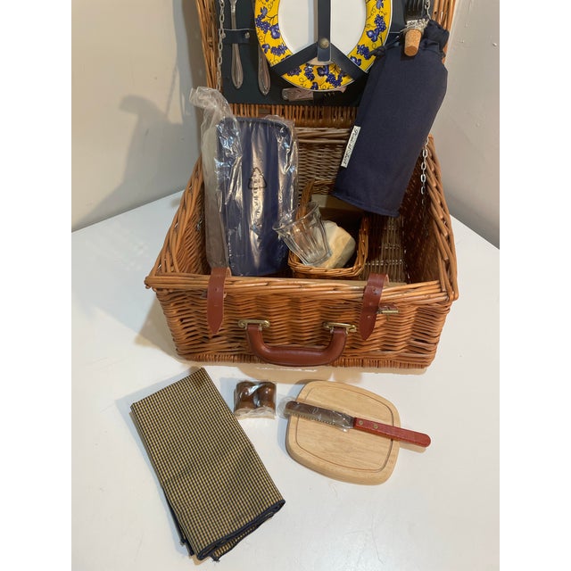 Vintage Wicker Picnic Basket English 2-Person For Sale - Image 4 of 11