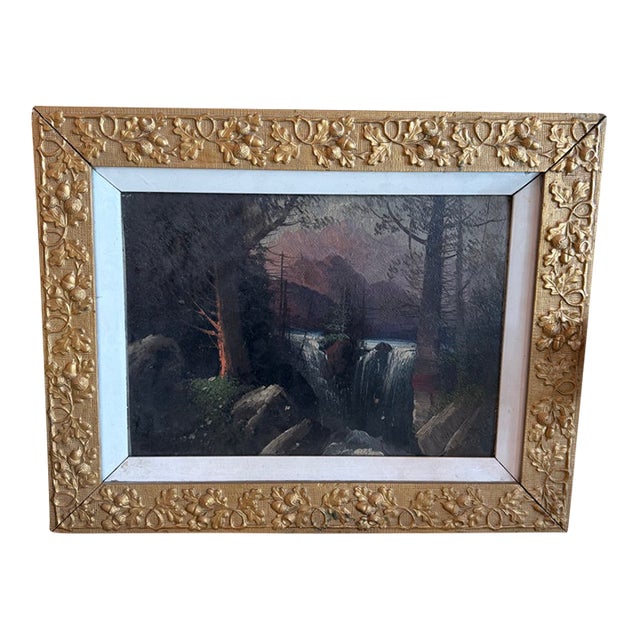 Antique 19th Century Landscape Oil Painting in Acorn & Oak Leaf Giltwood Frame For Sale