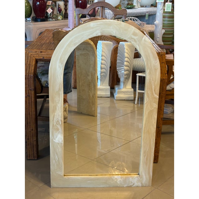 Cream Vintage Modern 1970s Arched Onyx Marble Stone Wall Mirror For Sale - Image 8 of 12