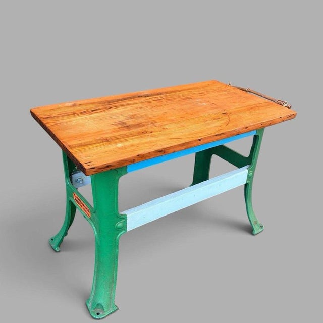 Vintage Industrial Pine Workbench with Cast Iron Base For Sale - Image 4 of 7
