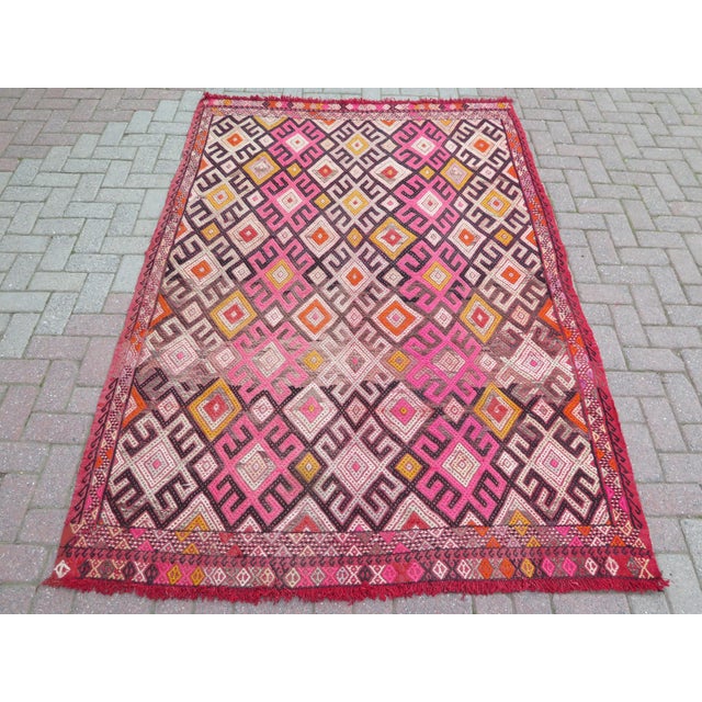 Mid 20th Century 60s Vintage Handmade Turkish Pink Kilim Jejim Boho Area Rug For Sale - Image 11 of 11