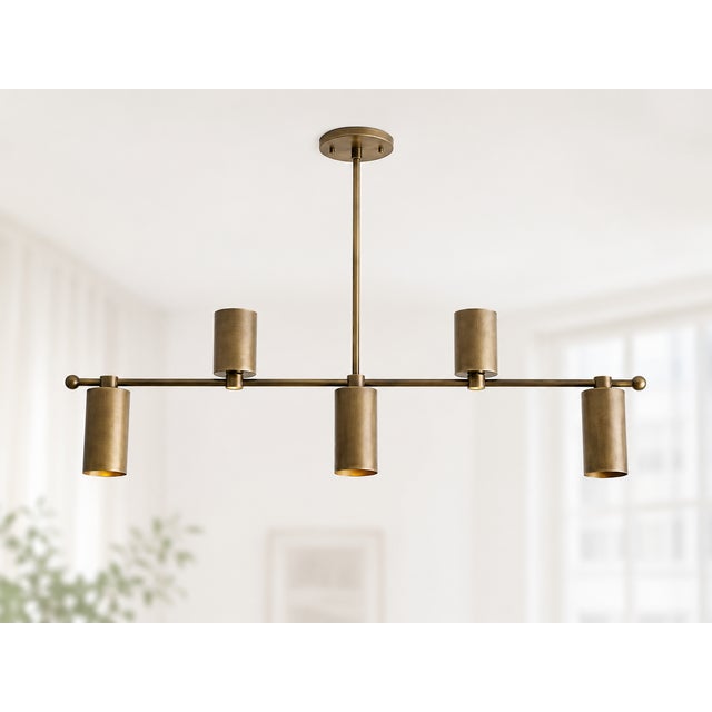 Contemporary Handcrafted Solid Brass Linear 5 Light Chandelier, Industrial Brass Chandelier, Ceiling Light Fixture, Dining Room Lighting For Sale - Image 3 of 10