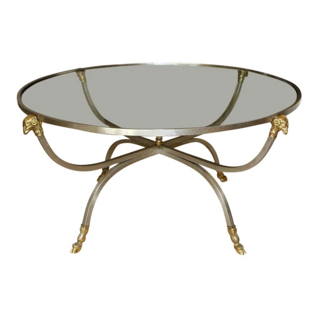 1960's Vintage Jansen Style Italian Brass Steel Round Coffee Table For Sale