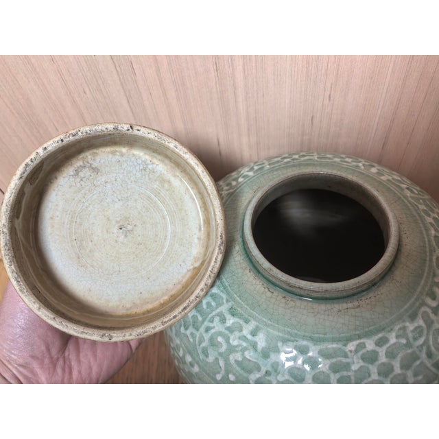 Celadon Chinese Ceramic Pot Longquan Ware Celadon Lid Jar Hand Carved Flowers Pattern For Sale - Image 8 of 11