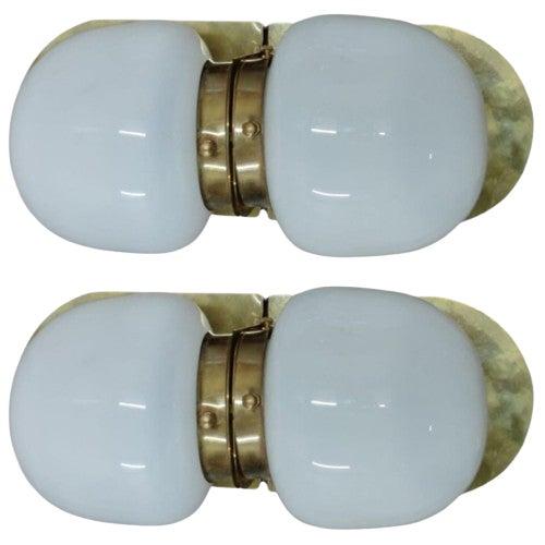 Pair Vintage Art deco light Old Lamp Wall Sconces Fixture Brass & Milk Glass Shade Ship Light Lamp Excellent Working...
