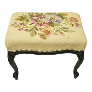 Vintage Victorian French Style Floral Carved Flower Tapestry Needlepoint Ottoman For Sale