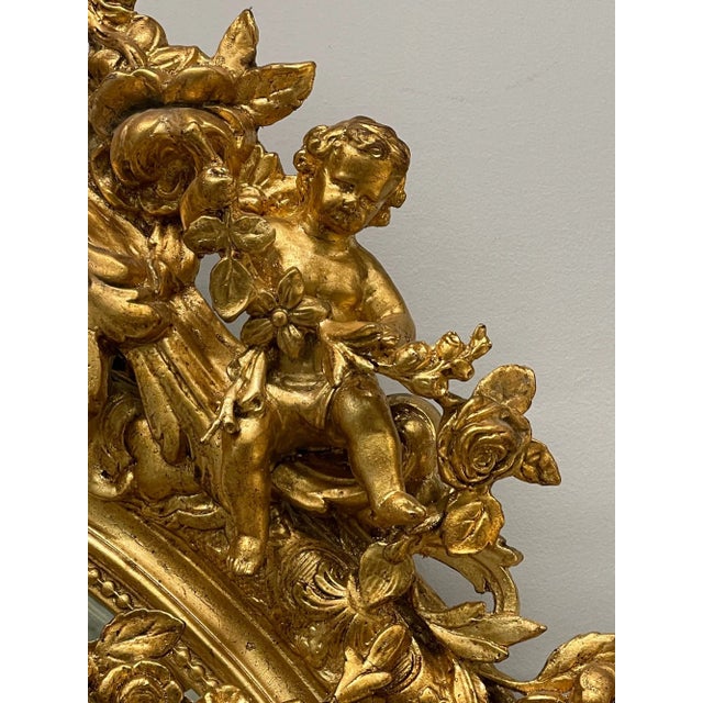 Wood 19th Century Gilt Wood Carved Wall or Console Mirror. Cherub, Floral Decorated For Sale - Image 7 of 10