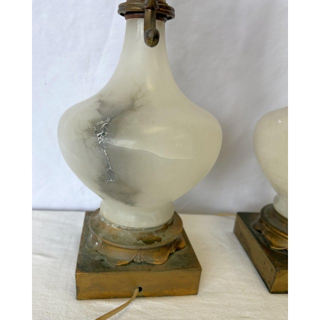 Antique Art Deco/ Hollywood Regency Style Alabaster Table Lamps With Bronze Figureheads- A Pair For Sale - Image 13 of 18
