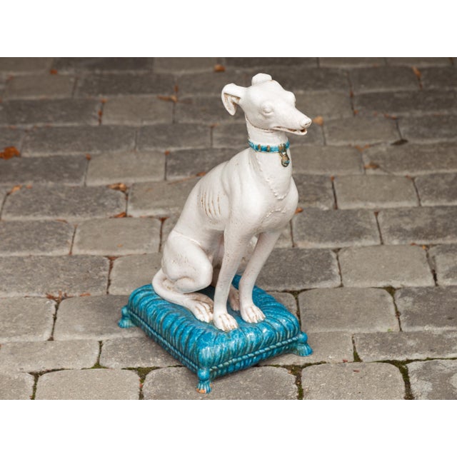 Mid 20th Century Vintage Italian Midcentury Porcelain Greyhound Dog Sitting on Blue Cushion For Sale - Image 5 of 11